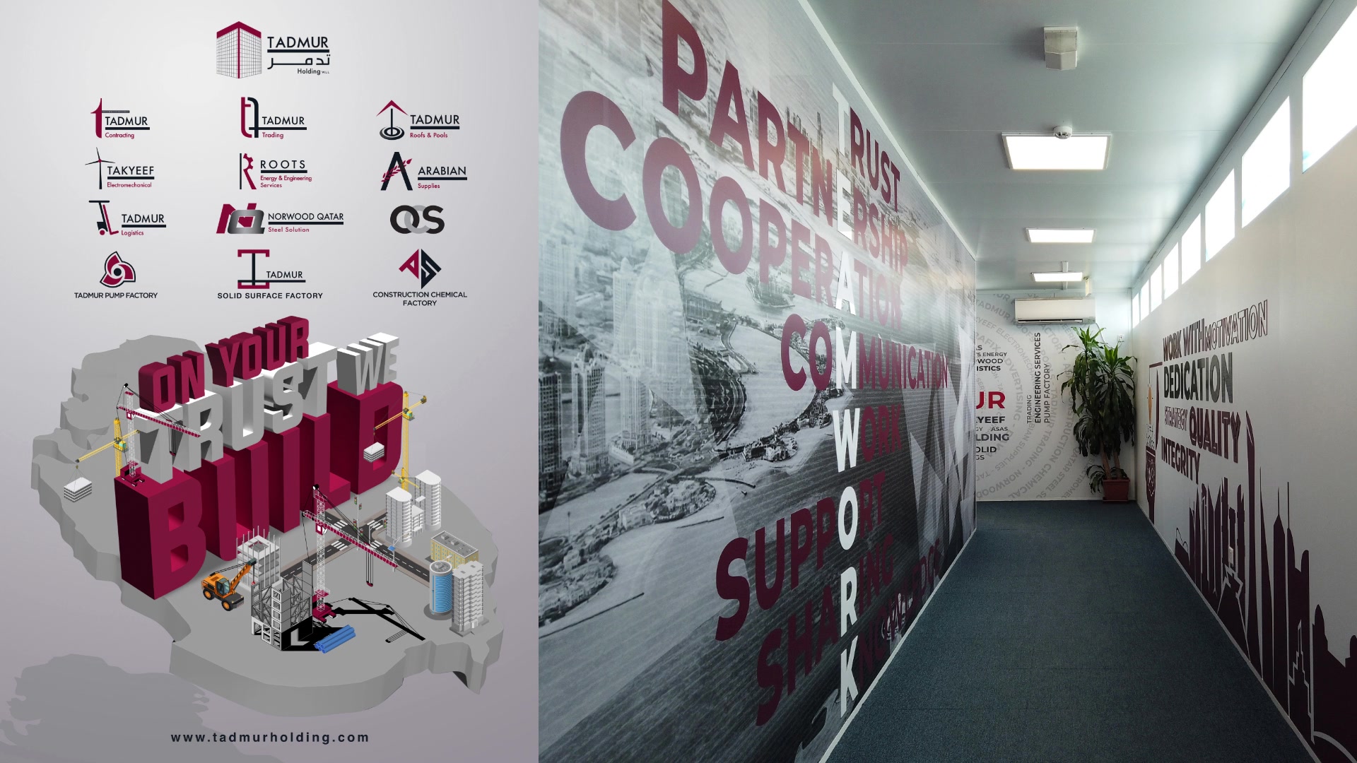 Tadmur Holding and subsidiary logos above the On your trust, we build campaign design, alongside a branded corporate interior